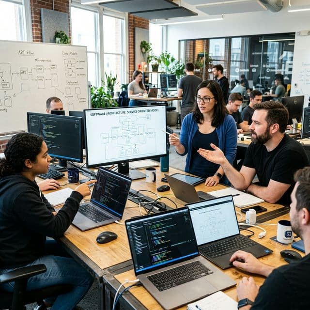 Equipo de Ingeniería de VYXA diseñando arquitectura de producto y código en el Innovation Lab.